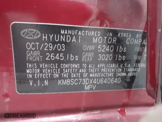 2004 Hyundai Santa Fe GLS with VIN KM8SC73DX4U640640, listed as a IAAI auction lot 41803501 with 149,924 mi miles. Bid and sale history available at carsss.com. Image 9.