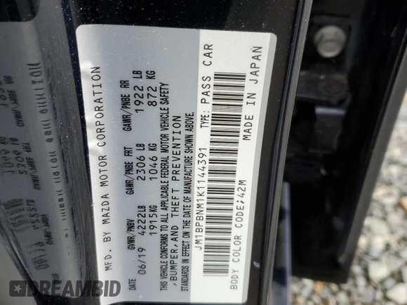2019 Mazda Mazda3 Hatchback w/Premium Pkg with VIN JM1BPBNM1K1144391, listed as a Copart auction lot 48247493 with 33,407 mi miles. Bid and sale history available at carsss.com. Image 13.