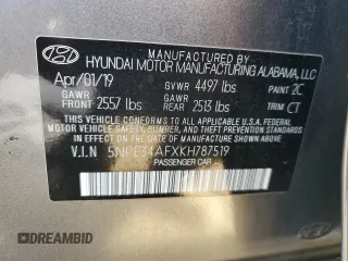 2019 Hyundai Sonata SEL with VIN 5NPE34AFXKH787519, listed as a Copart auction lot 46860055 with 43,511 mi miles and Salvage Title. Bid and sale history available at DreamBid. Image 15.