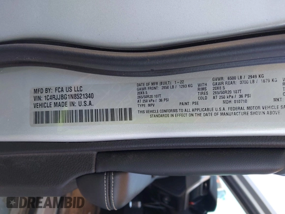 2022 Jeep Grand Cherokee Limited z VIN 1C4RJJBG1N8521340, wystawiony jako IAAI lot #41854441 z przebiegiem 58 354 mil mil oraz . Historia ofert i sprzedaży dostępna na DreamBid. Obrazek 9.