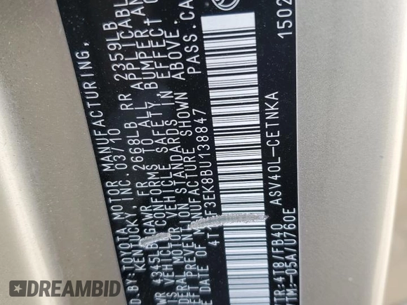 2011 Toyota Camry LE with VIN 4T1BF3EK8BU138847, listed as a Copart auction lot 54707375 with 134,969 mi miles and Salvage Title. Bid and sale history available at DreamBid. Image 12.