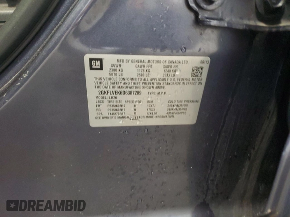 2013 GMC Terrain SLT with VIN 2GKFLVEK6D6387289, listed as a Copart auction lot 60036085 with 119,685 mi miles and Clean title. Bid and sale history available at DreamBid. Image 13.