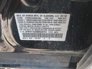 2008 Honda Pilot SE with VIN 5FNYF18398B049751, listed as a IAAI auction lot 40452863 with 1 mi miles. Bid and sale history available at carsss.com. Image 9.