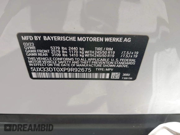 2023 BMW X4 xDrive30i with VIN 5UX33DT0XP9R92675, listed as a IAAI auction lot 42065113 with Not provided miles and . Bid and sale history available at DreamBid. Image 9.