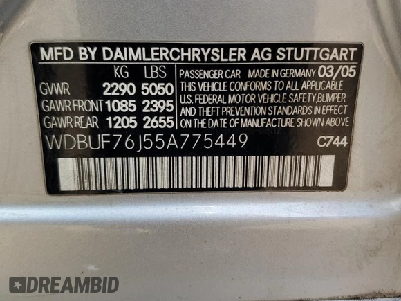 2005 Mercedes-Benz E-Class 5.5L AMG with VIN WDBUF76J55A775449, listed as a Copart auction lot 48429765 with 0 mi miles and Salvage Title. Bid and sale history available at carsss.com. Image 14.