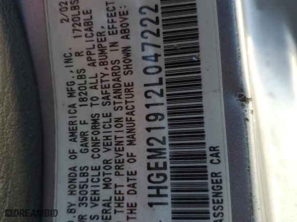 2002 Honda Civic EX with VIN 1HGEM21912L047222, listed as a Copart auction lot 87010634 with 0 mi miles and Salvage Title. Bid and sale history available at carsss.com. Image 12.