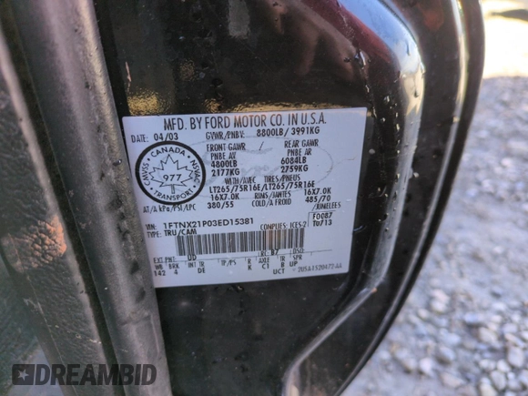 2003 Ford Super Duty F-250 XL with VIN 1FTNX21P03ED15381, listed as a Copart auction lot 44331695 with 140,802 mi miles and Salvage Title. Bid and sale history available at carsss.com. Image 12.