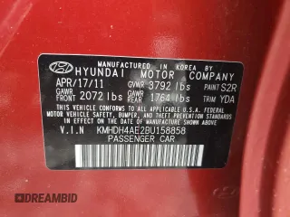 2011 Hyundai Elantra GLS с VIN KMHDH4AE2BU158858, выставлен на аукционе Copart как лот 58568885 с пробегом 132 953 миль миль и Списание • Salvage title. История ставок и продаж доступна на DreamBid. Изображение 12.