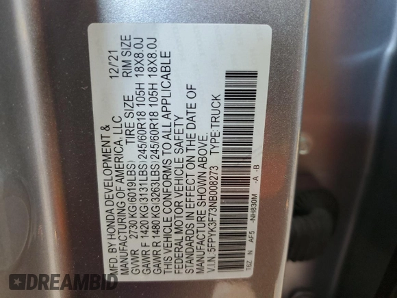 2022 Honda Ridgeline RTL-E z VIN 5FPYK3F73NB008273, wystawiony jako Copart lot #53916165 z przebiegiem 30 962 mil mil oraz Szkoda całkowita • Salvage title. Historia ofert i sprzedaży dostępna na DreamBid. Obrazek 12.