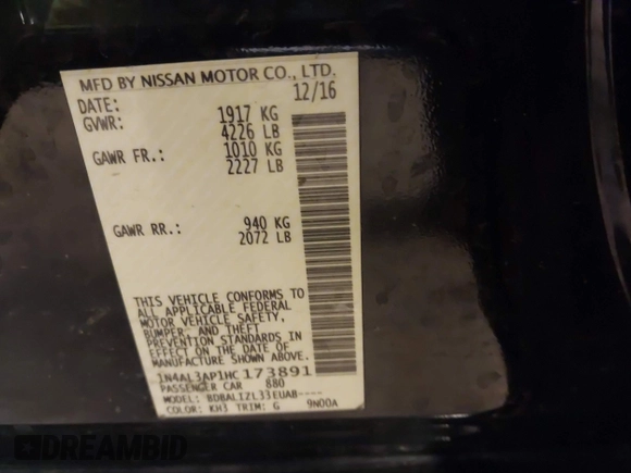 2017 Nissan Altima SV with VIN 1N4AL3AP1HC173891, listed as a IAAI auction lot 41718934 with 128,553 mi miles and . Bid and sale history available at DreamBid. Image 9.