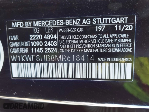 2021 Mercedes-Benz C with VIN W1KWF8HB8MR618414, listed as a IAAI auction lot 40879458 with 12,235 mi miles and . Bid and sale history available at DreamBid. Image 9.