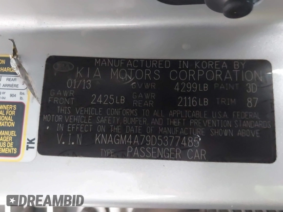 2013 Kia Optima LX with VIN KNAGM4A79D5377485, listed as a IAAI auction lot 41290306 with 172,253 mi miles. Bid and sale history available at carsss.com. Image 9.
