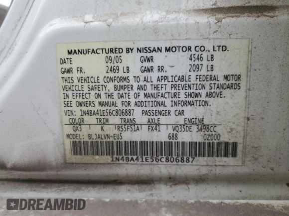 2006 Nissan Maxima SE с VIN 1N4BA41E56C806887, выставлен на аукционе Copart как лот 50897965 с пробегом 150 905 миль миль и Списание • Salvage title. История ставок и продаж доступна на DreamBid. Изображение 14.