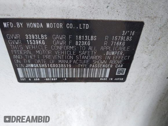 2016 Honda Fit LX z VIN JHMGK5H51GX038519, wystawiony jako IAAI lot #41809636 z przebiegiem 96 894 mil mil oraz . Historia ofert i sprzedaży dostępna na DreamBid. Obrazek 9.