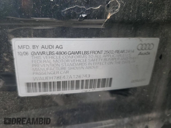 2007 Audi A4 с VIN WAUEH78E47A126743, выставлен на аукционе Copart как лот 49153495 с пробегом 216 553 миль миль и Чистый • Clean title. История ставок и продаж доступна на DreamBid. Изображение 12.