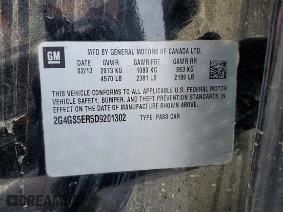 2013 Buick Regal Premium 1 with VIN 2G4GS5ER5D9201302, listed as a Copart auction lot 85214704 with 264,909 mi miles and Salvage title. Bid and sale history available at DreamBid. Image 14.