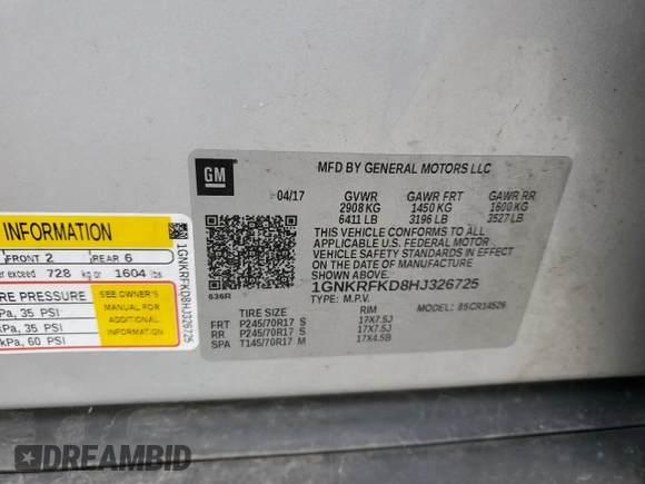 2017 Chevrolet Traverse LS с VIN 1GNKRFKD8HJ326725, выставлен на аукционе Copart как лот 57758505 с пробегом 161 334 миль миль и Списание • Salvage title. История ставок и продаж доступна на DreamBid. Изображение 13.