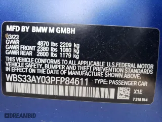 2023 BMW M3 Competition with VIN WBS33AY03PFP84611, listed as a Copart auction lot 52387354 with 7,654 mi miles and Salvage Title. Bid and sale history available at carsss.com. Image 12.