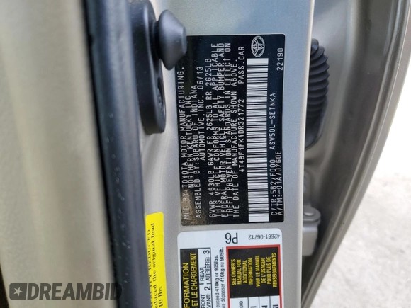 2013 Toyota Camry L with VIN 4T4BF1FK4DR321772, listed as a Copart auction lot 85961004 with 117,514 mi miles and Salvage Title. Bid and sale history available at carsss.com. Image 14.