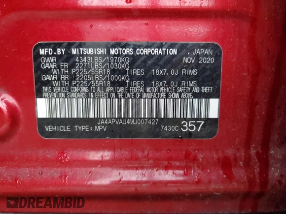 2021 Mitsubishi Outlander Sport SE with VIN JA4APVAU4MU007427, listed as a Copart auction lot 52314085 with 111,310 mi miles and Clean Title. Bid and sale history available at carsss.com. Image 14.