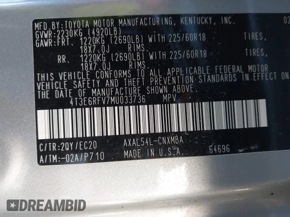 2021 Toyota RAV4 Hybrid XSE with VIN 4T3E6RFV7MU033736, listed as a IAAI auction lot 41640884 with 35,563 mi miles and . Bid and sale history available at DreamBid. Image 9.