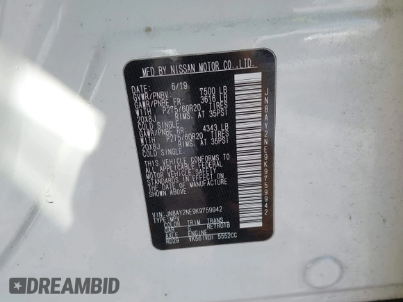 2019 Nissan Armada Platinum with VIN JN8AY2NE9K9759942, listed as a IAAI auction lot 41348179 with 114,902 mi miles. Bid and sale history available at carsss.com. Image 9.