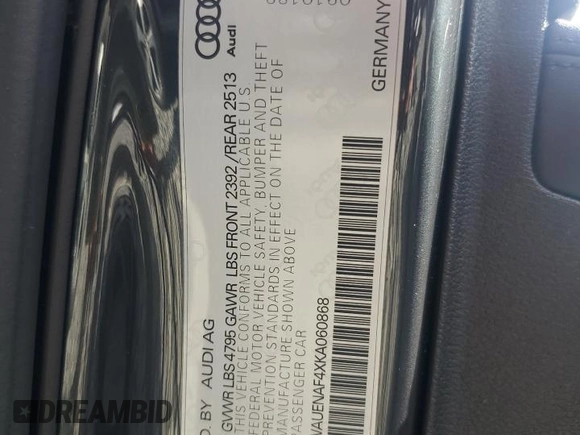 2019 Audi A4 Premium Plus with VIN WAUENAF4XKA060868, listed as a Copart auction lot 62794645 with 63,173 mi miles and Salvage title. Bid and sale history available at DreamBid. Image 12.