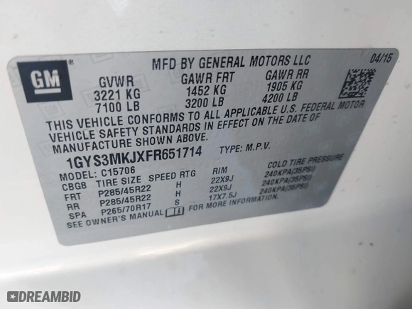 2015 Cadillac Escalade Luxury with VIN 1GYS3MKJXFR651714, listed as a IAAI auction lot 41205449 with 129,066 mi miles. Bid and sale history available at carsss.com. Image 9.