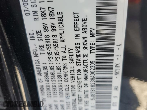 2009 Acura RDX z VIN 5J8TB18239A002305, wystawiony jako Copart lot #54898075 z przebiegiem 75 378 mil mil oraz Szkoda całkowita • Salvage title. Historia ofert i sprzedaży dostępna na DreamBid. Obrazek 13.