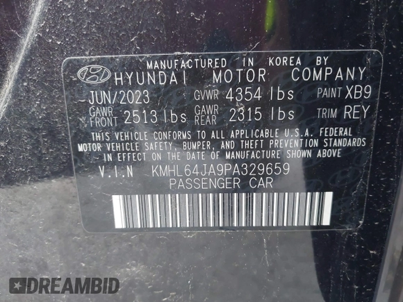 2023 Hyundai Sonata SEL with VIN KMHL64JA9PA329659, listed as a IAAI auction lot 38841225 with 4,772 mi miles and . Bid and sale history available at DreamBid. Image 9.