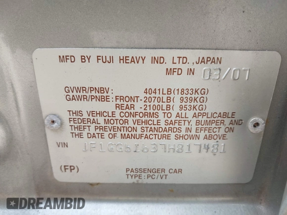 2007 Subaru Impreza i with VIN JF1GG61637H817481, listed as a IAAI auction lot 42424887 with 140,810 mi miles and . Bid and sale history available at DreamBid. Image 9.