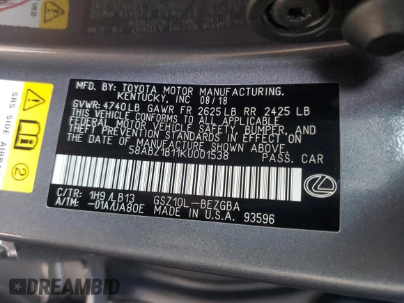 2019 Lexus ES 350 with VIN 58ABZ1B11KU001538, listed as a Copart auction lot 55641085 with 70,411 mi miles and Salvage Title. Bid and sale history available at DreamBid. Image 12.