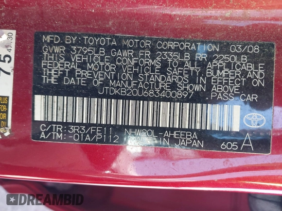 2008 Toyota Prius with VIN JTDKB20U683400897, listed as a IAAI auction lot 42024224 with 175,494 mi miles. Bid and sale history available at carsss.com. Image 9.
