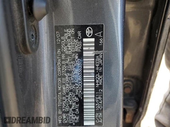 2008 Toyota Prius with VIN JTDKB20U883362377, listed as a Copart auction lot 54020005 with 284,990 mi miles and Salvage Title. Bid and sale history available at DreamBid. Image 12.
