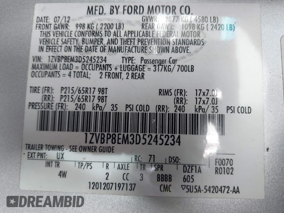 2013 Ford Mustang V6 with VIN 1ZVBP8EM3D5245234, listed as a IAAI auction lot 41453875 with 161,867 mi miles and . Bid and sale history available at DreamBid. Image 9.