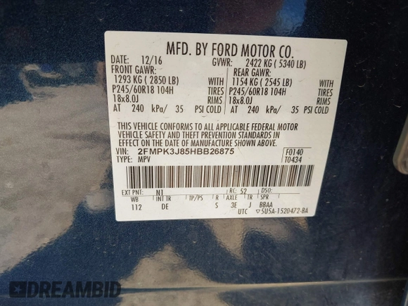 2017 Ford Edge SEL with VIN 2FMPK3J85HBB26875, listed as a IAAI auction lot 41791158 with 68,576 mi miles. Bid and sale history available at carsss.com. Image 9.