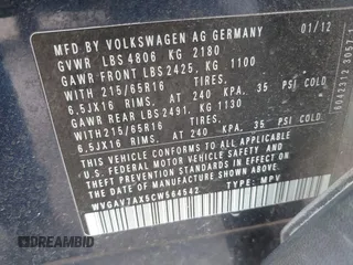 2012 Volkswagen Tiguan SEL with VIN WVGAV7AX5CW564542, listed as a IAAI auction lot 42191695 with 129,254 mi miles and . Bid and sale history available at DreamBid. Image 9.
