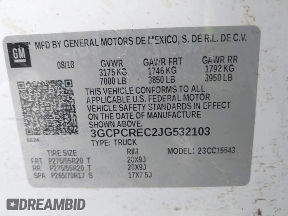 2018 Chevrolet Silverado 1500 LT with VIN 3GCPCREC2JG532103, listed as a IAAI auction lot 41698181 with Not Provided miles and . Bid and sale history available at DreamBid. Image 9.