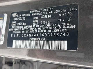 2013 Kia Optima EX with VIN 5XXGN4A76DG168748, listed as a IAAI auction lot 42026103 with 179,142 mi miles. Bid and sale history available at carsss.com. Image 9.