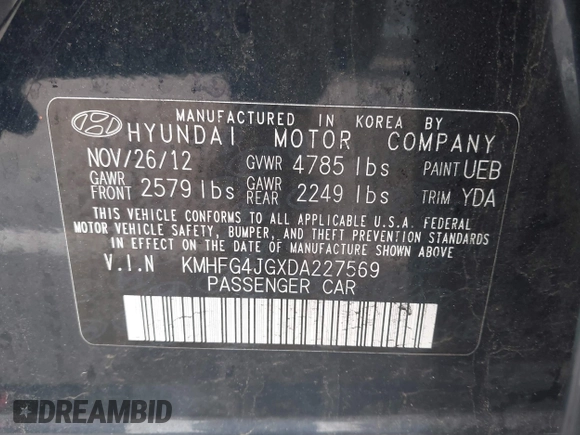 2013 Hyundai Azera with VIN KMHFG4JGXDA227569, listed as a IAAI auction lot 42384304 with 151,007 mi miles and . Bid and sale history available at DreamBid. Image 9.