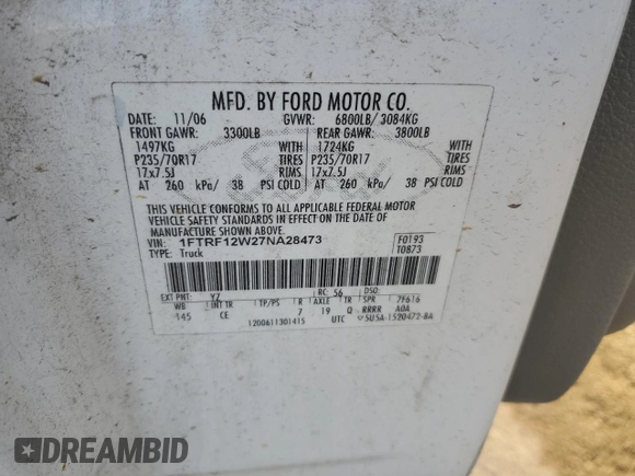 2007 Ford F-150 XL with VIN 1FTRF12W27NA28473, listed as a Copart auction lot 87459744 with Not Provided miles and Salvage Title. Bid and sale history available at carsss.com. Image 12.