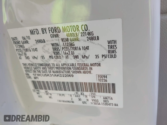 2010 Ford Escape Hybrid z VIN 1FMCU5K31AKD22069, wystawiony jako IAAI lot #40151027 z przebiegiem 185 932 mil mil oraz . Historia ofert i sprzedaży dostępna na DreamBid. Obrazek 9.