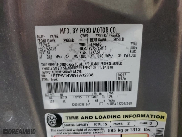 2009 Ford F-150 XL with VIN 1FTPW14V69FA32938, listed as a Copart auction lot 52390595 with 254,600 mi miles and Clean Title. Bid and sale history available at carsss.com. Image 12.