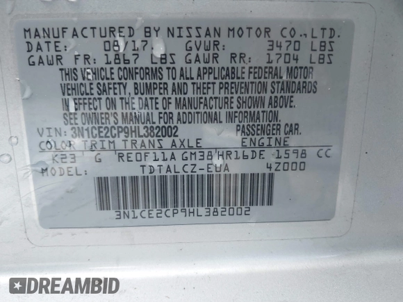 2017 Nissan Note SV with VIN 3N1CE2CP9HL382002, listed as a IAAI auction lot 41662833 with 137,715 mi miles and . Bid and sale history available at DreamBid. Image 9.