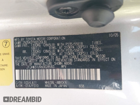 2006 Lexus RX 400h with VIN JTJHW31U960028583, listed as a IAAI auction lot 42213723 with 244,525 mi miles and . Bid and sale history available at DreamBid. Image 9.