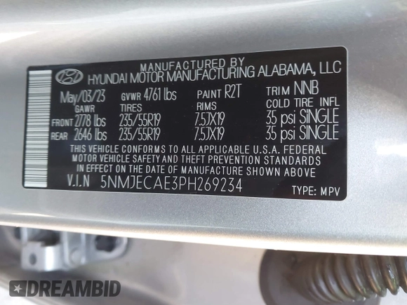 2023 Hyundai Tucson Limited with VIN 5NMJECAE3PH269234, listed as a IAAI auction lot 41776455 with 62,430 mi miles and . Bid and sale history available at DreamBid. Image 9.