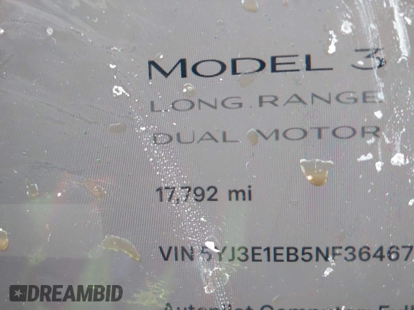 2022 Tesla Model 3 Long Range with VIN 5YJ3E1EB5NF364678, listed as a IAAI auction lot 41570361 with 17,792 mi miles. Bid and sale history available at carsss.com. Image 7.