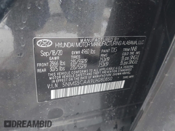 2020 Hyundai Santa Fe Limited with VIN 5NMS5CAA9LH280850, listed as a IAAI auction lot 41174789 with 45,563 mi miles. Bid and sale history available at carsss.com. Image 9.