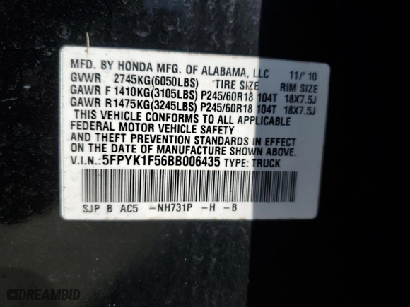 2011 Honda Ridgeline RTL with VIN 5FPYK1F56BB006435, listed as a Copart auction lot 73837234 with 99,034 mi miles and Salvage Title. Bid and sale history available at carsss.com. Image 13.