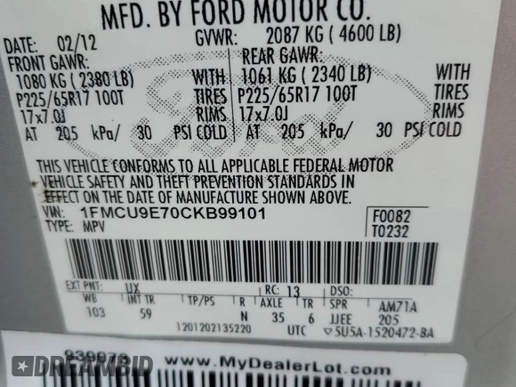 2012 Ford Escape Limited with VIN 1FMCU9E70CKB99101, listed as a Copart auction lot 50226735 with 135,311 mi miles and Clean Title. Bid and sale history available at carsss.com. Image 14.